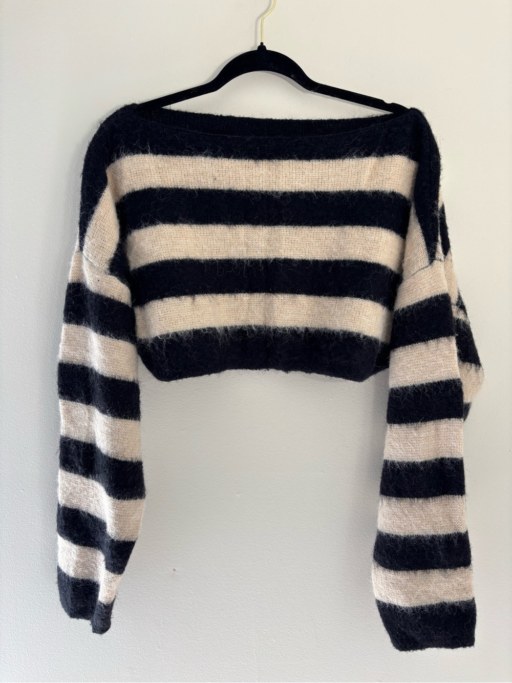 Striped Black and Cream Fuzzy Cropped Sweater